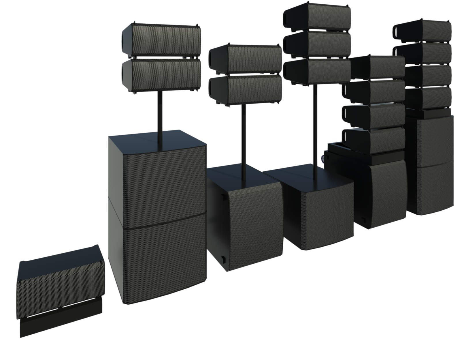 Revit render of L Class LA108 & LA112 horizontal line array with four speakers and varying azimuths.